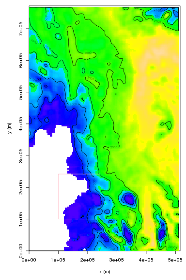  color-map and contour plot of ice thickness produced in R amr.read.box()