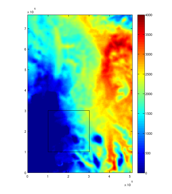  color-map of ice thickness produced in MATLAB 
with amr_read_box_2d()