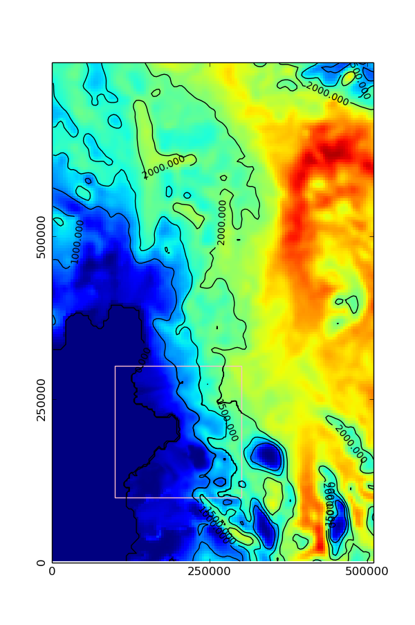  color-map and contour plot of ice thickness produced in python with readBox2D()